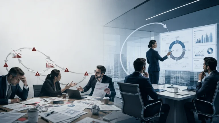 Responsables de empresa analizando errores repetidos, procesos y datos para mejorar la toma de decisiones