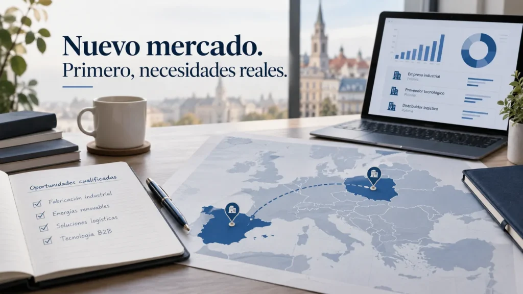 Mapa de España y Polonia con oportunidades empresariales cualificadas para abrir un nuevo mercado B2B.